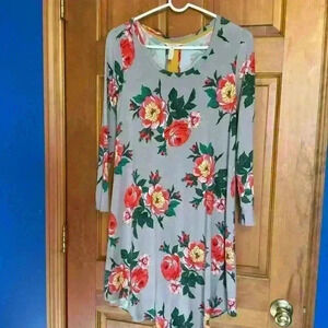 Matilda Jane khaki A line dress with flowers. Scalloped hem and long sleeves XS